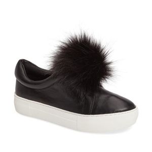 Leather Faux Fur Pom Pom Slip On Sneakers